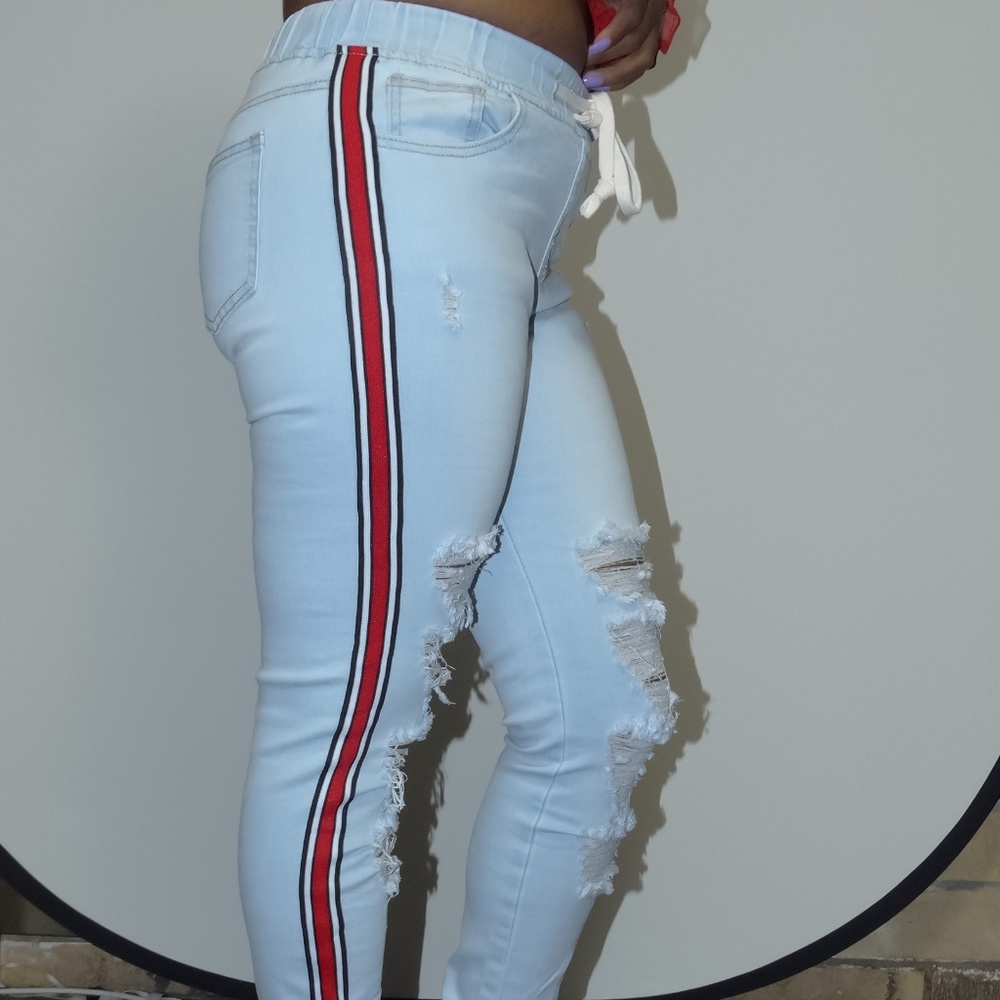 Stripes Drawstrings stretchy Jeans - Picture 8 of 8
